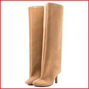 Suede Knee High Boots Wide Calf Square Toe Stiletto Heel Pull On